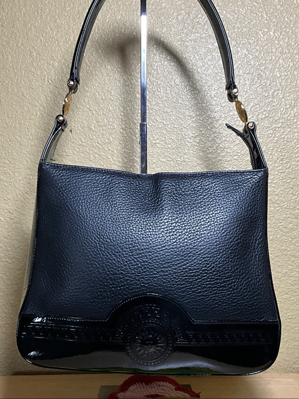 Versace Sunburst Black Pebbled Leather Shoulder Bag - Picture 2 of 12